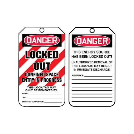Accuform Safety Tags, DANGER LOCKED OUT CONFINED SPACE ENTRY IN PROGRESS, 5.75in x 3.25in, RP-Plastic, 25PK MLT430PTP